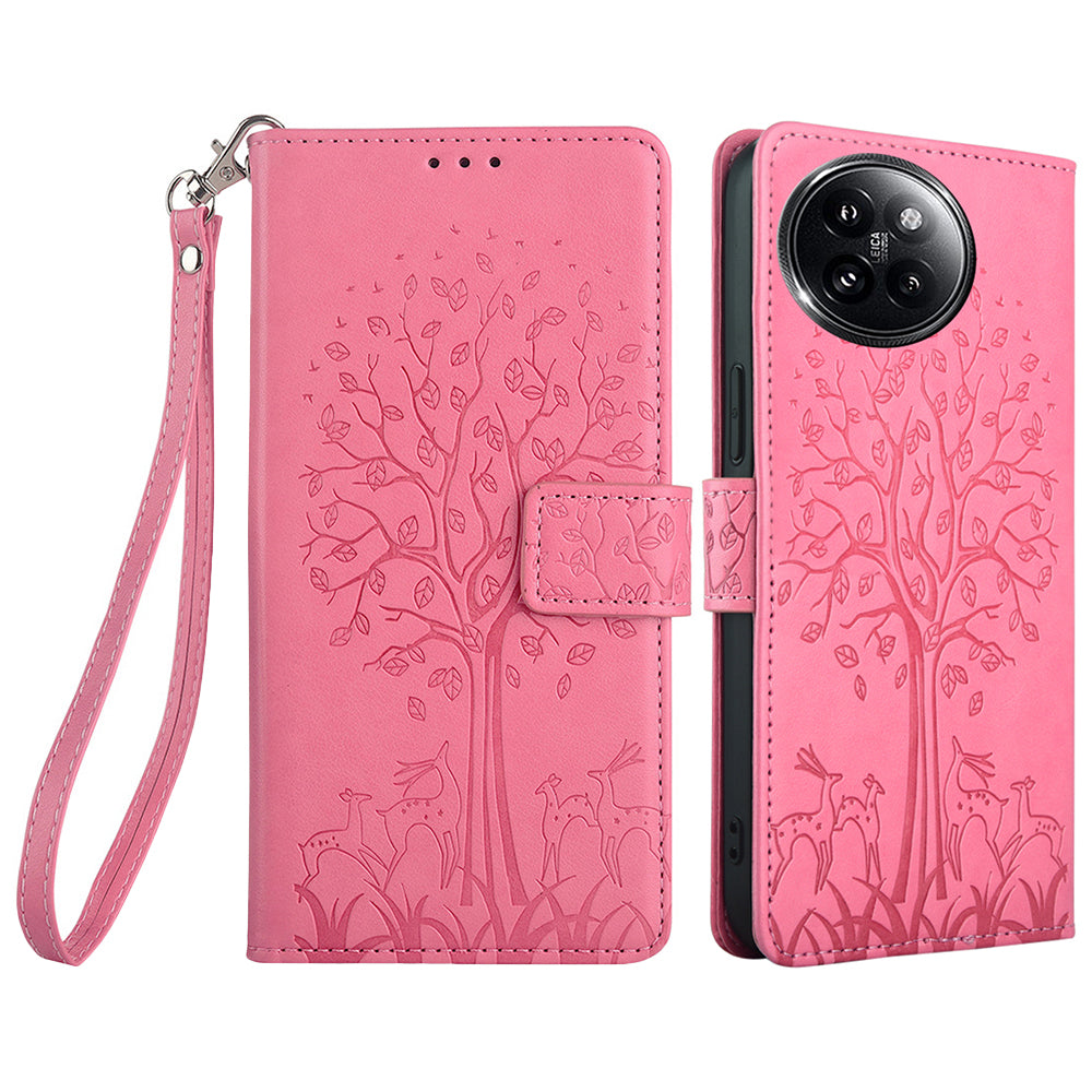 For Xiaomi Civi 4 Pro 5G Leather Case Deer Tree Pattern Wallet Flip Stand Cell Phone Cover - Pink