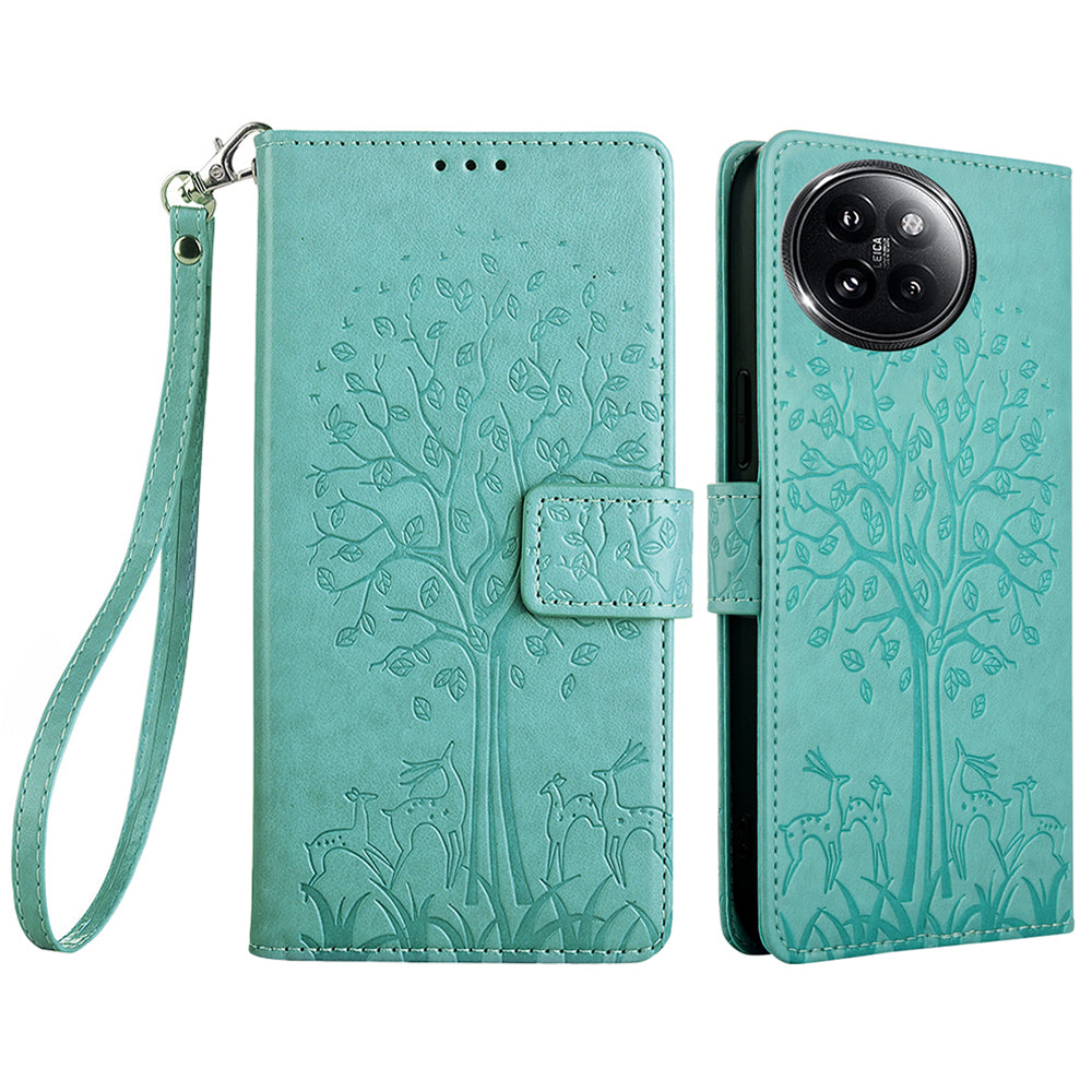 For Xiaomi Civi 4 Pro 5G Leather Case Deer Tree Pattern Wallet Flip Stand Cell Phone Cover - Green