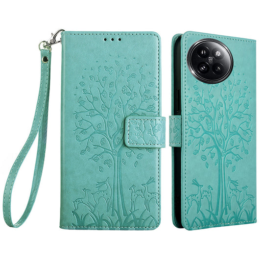 For Xiaomi Civi 4 Pro 5G Leather Case Deer Tree Pattern Wallet Flip Stand Cell Phone Cover - Green