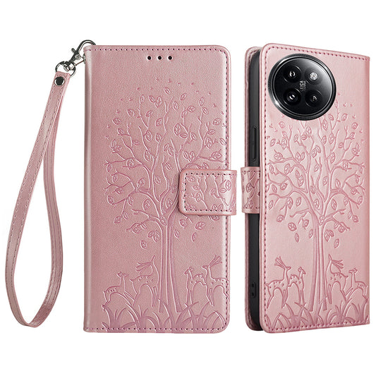 For Xiaomi Civi 4 Pro 5G Leather Case Deer Tree Pattern Wallet Flip Stand Cell Phone Cover - Rose Gold