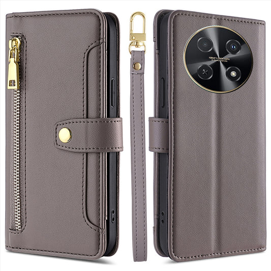 For Huawei nova 12i 4G Shockproof Phone Cover Zipper Pocket Leather Cell Phone Case Wallet with 2 Straps - Grey
