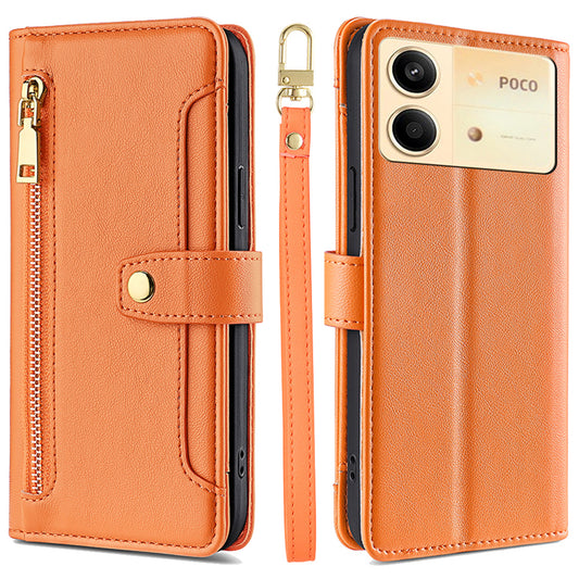 For Xiaomi Redmi Note 13R Pro 5G Case Zipper Pocket Wallet Leather Phone Cover with 2 Straps - Orange