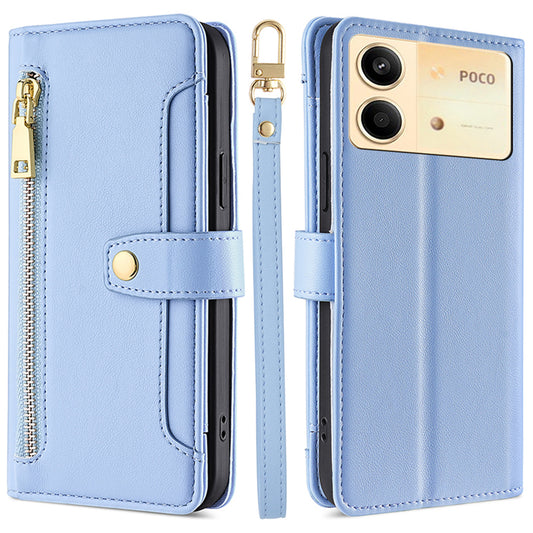 For Xiaomi Redmi Note 13R Pro 5G Case Zipper Pocket Wallet Leather Phone Cover with 2 Straps - Blue