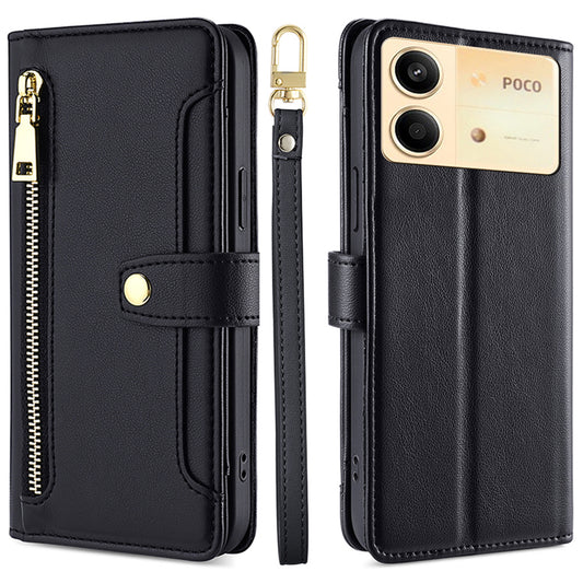 For Xiaomi Redmi Note 13R Pro 5G Case Zipper Pocket Wallet Leather Phone Cover with 2 Straps - Black