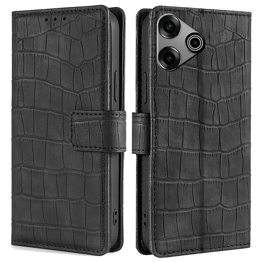 For Transsion Tecno Pova 6 Pro 5G Phone Case Wallet Stand Crocodile Texture Leather Cover - Black