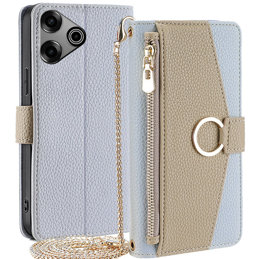 For Transsion Tecno Pova 6 Pro 5G Case Zipper Wallet Mirror Phone Leather Cover with Shoulder Strap - Blue