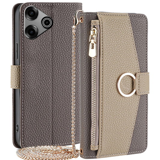 For Transsion Tecno Pova 6 Pro 5G Case Zipper Wallet Mirror Phone Leather Cover with Shoulder Strap - Grey