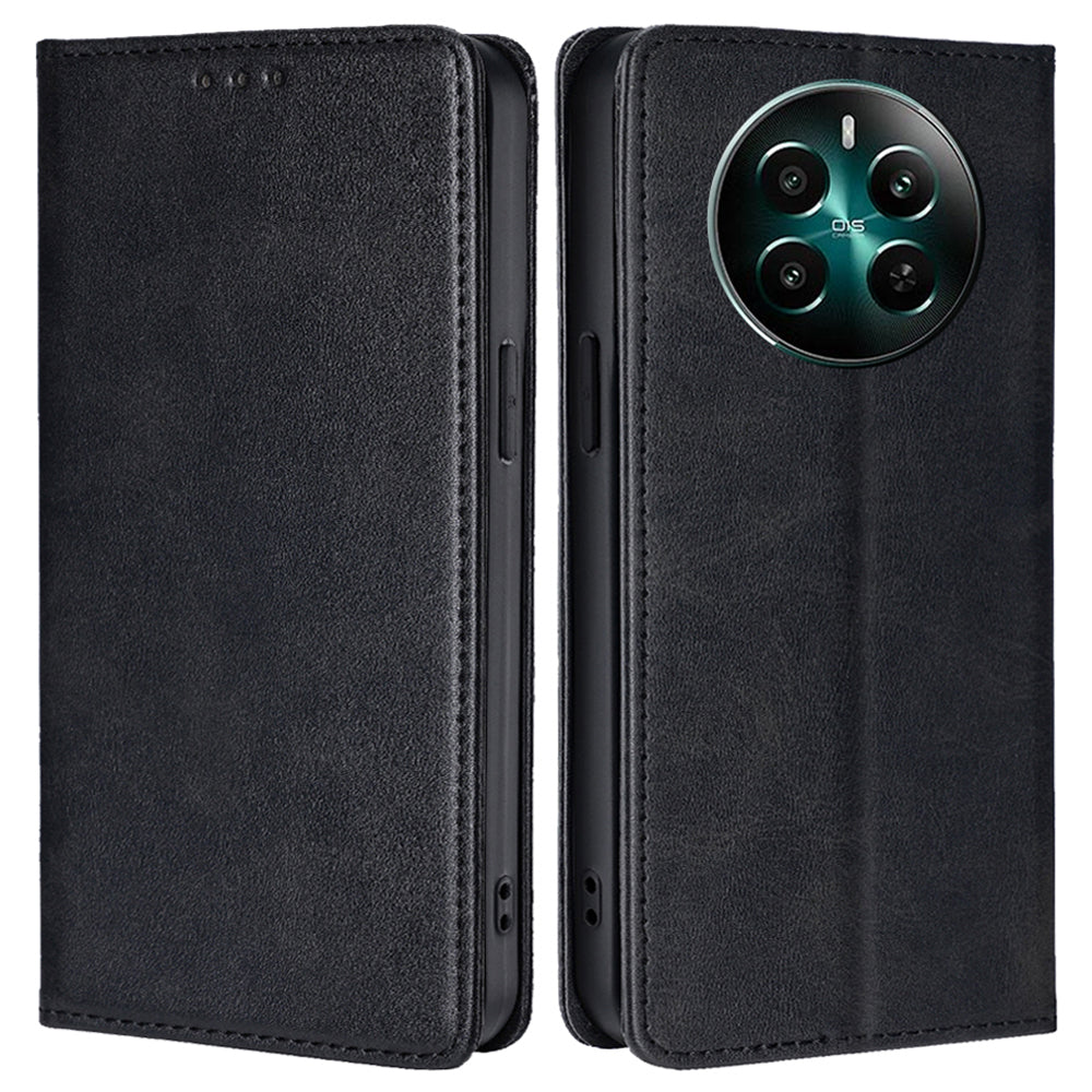 For Realme 12+ 5G Case Calf Textured Leather Wallet Cover Cell Phone Accessory Wholesale - Black