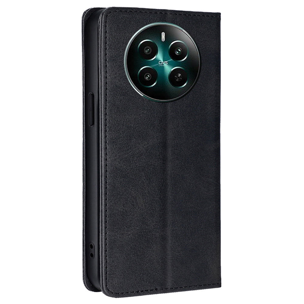 For Realme 12+ 5G Case Calf Textured Leather Wallet Cover Cell Phone Accessory Wholesale - Black
