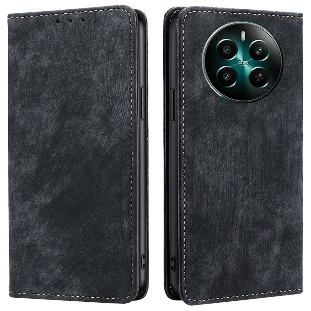For Realme 12+ 5G Flip Case Leather Shockproof Phone Cover with RFID Blocking Wallet - Black