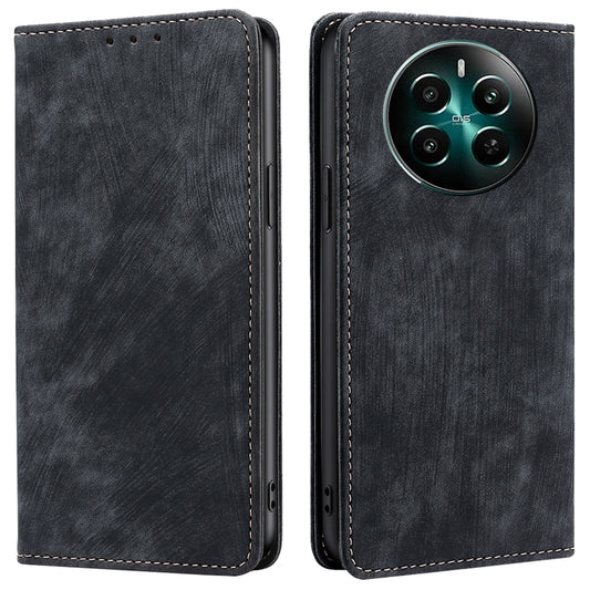 For Realme 12+ 5G Flip Case Leather Shockproof Phone Cover with RFID Blocking Wallet - Black