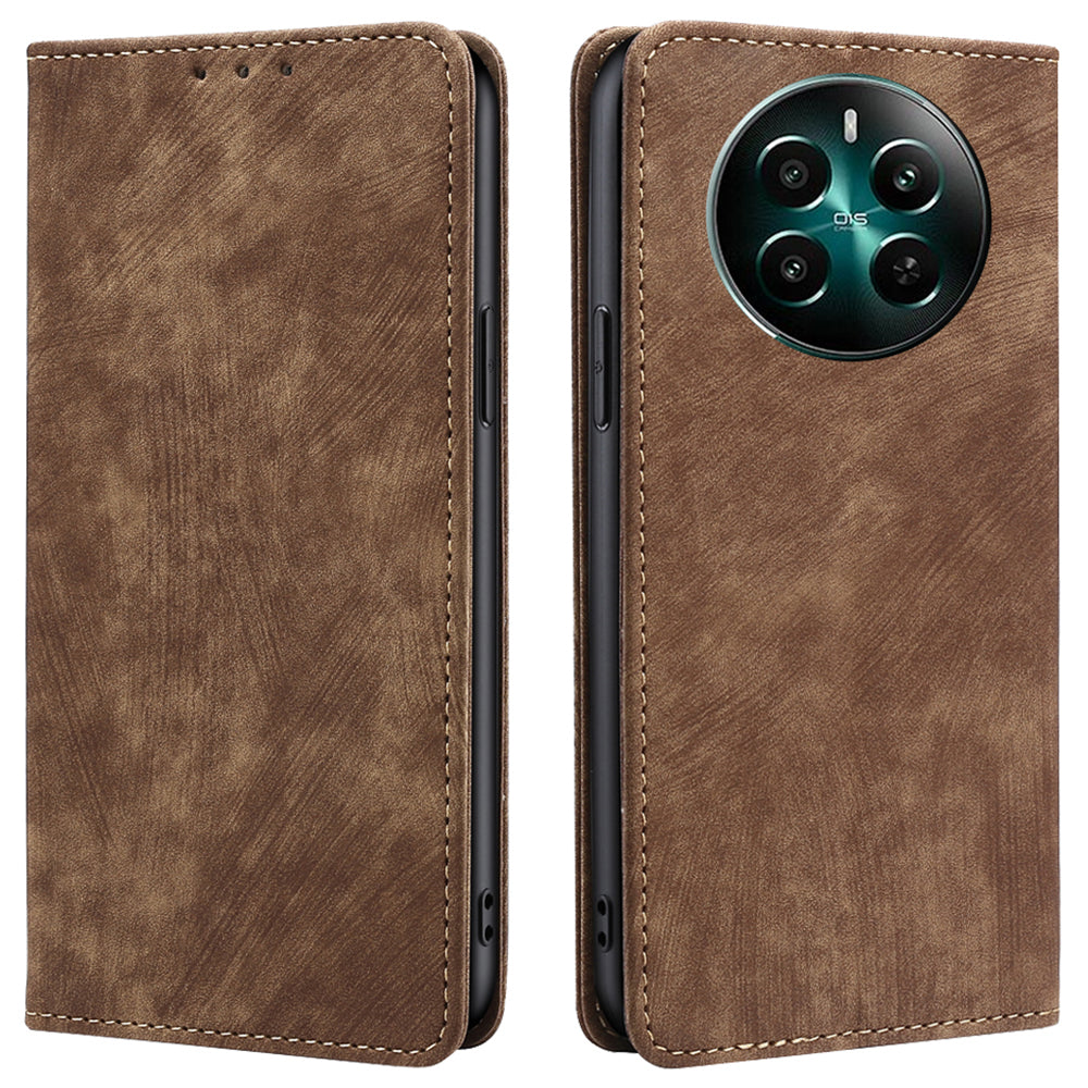 For Realme 12+ 5G Flip Case Leather Shockproof Phone Cover with RFID Blocking Wallet - Brown