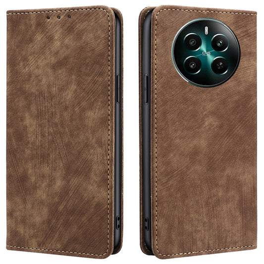 For Realme 12+ 5G Flip Case Leather Shockproof Phone Cover with RFID Blocking Wallet - Brown