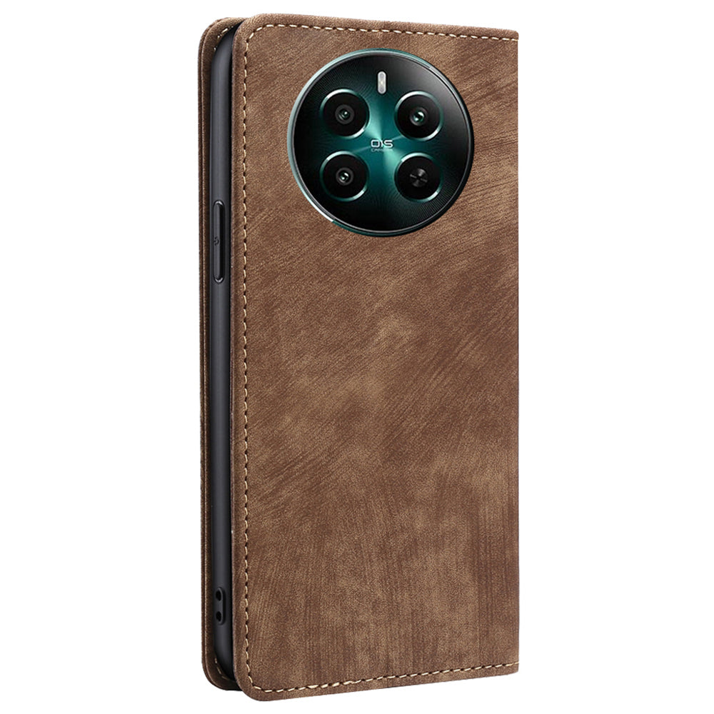 For Realme 12+ 5G Flip Case Leather Shockproof Phone Cover with RFID Blocking Wallet - Brown