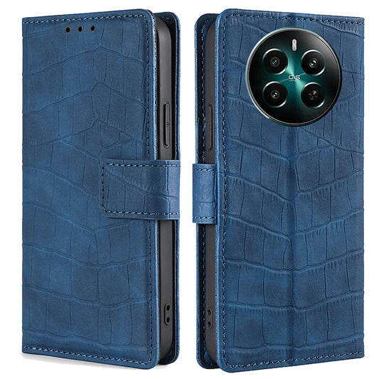 For Realme 12+ 5G Wallet Case Crocodile Texture PU Leather Protective Phone Cover - Blue