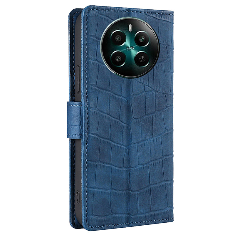 For Realme 12+ 5G Wallet Case Crocodile Texture PU Leather Protective Phone Cover - Blue