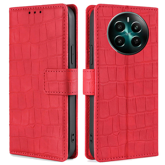 For Realme 12+ 5G Wallet Case Crocodile Texture PU Leather Protective Phone Cover - Red