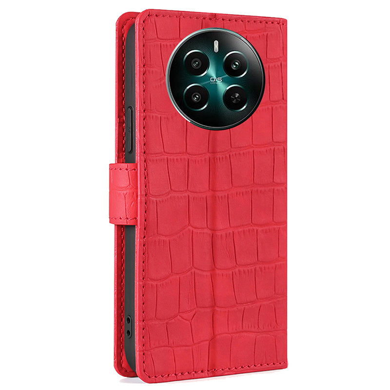For Realme 12+ 5G Wallet Case Crocodile Texture PU Leather Protective Phone Cover - Red