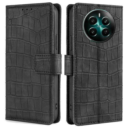 For Realme 12+ 5G Wallet Case Crocodile Texture PU Leather Protective Phone Cover - Black