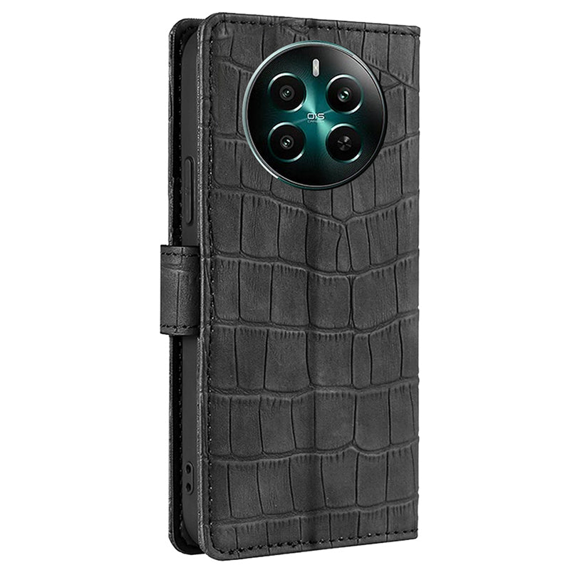 For Realme 12+ 5G Wallet Case Crocodile Texture PU Leather Protective Phone Cover - Black