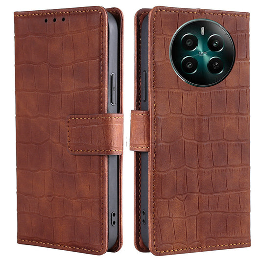 For Realme 12+ 5G Wallet Case Crocodile Texture PU Leather Protective Phone Cover - Brown
