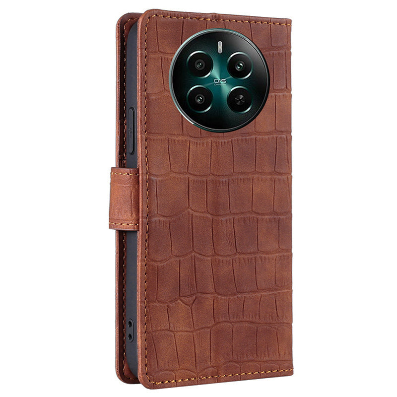 For Realme 12+ 5G Wallet Case Crocodile Texture PU Leather Protective Phone Cover - Brown