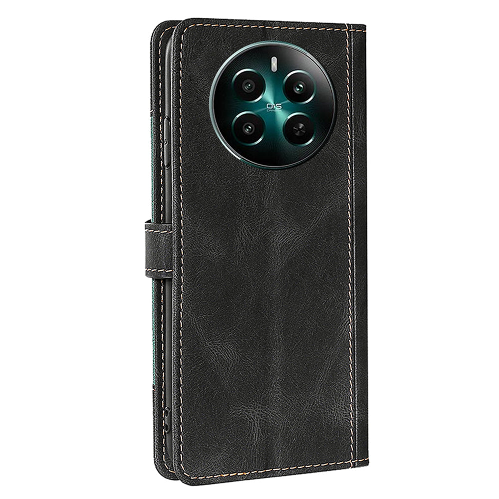 For Realme 12+ 5G Case Skin-touch Leather Phone Cover with Wallet Stand - Black