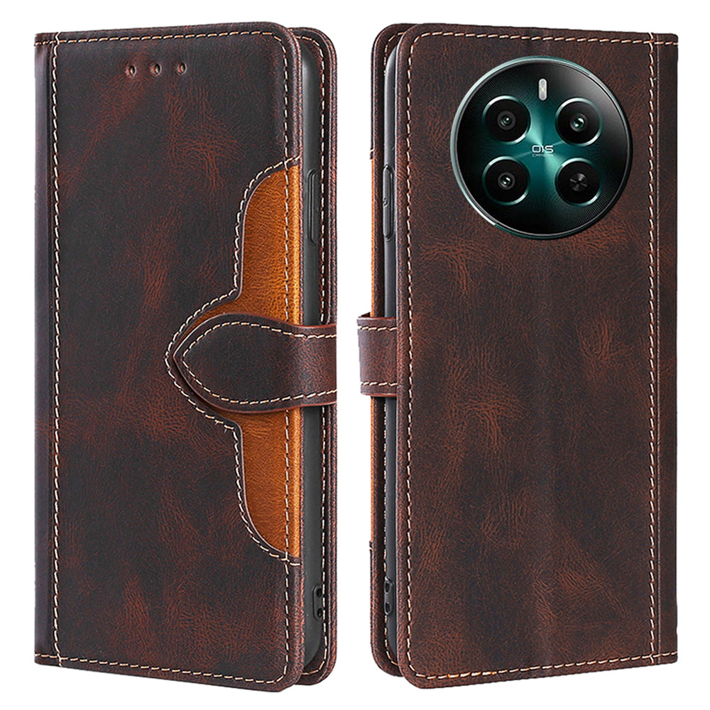 For Realme 12+ 5G Case Skin-touch Leather Phone Cover with Wallet Stand - Brown