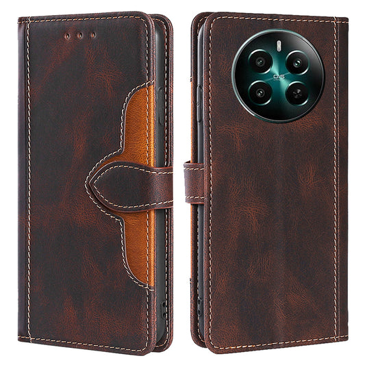 For Realme 12+ 5G Case Skin-touch Leather Phone Cover with Wallet Stand - Brown