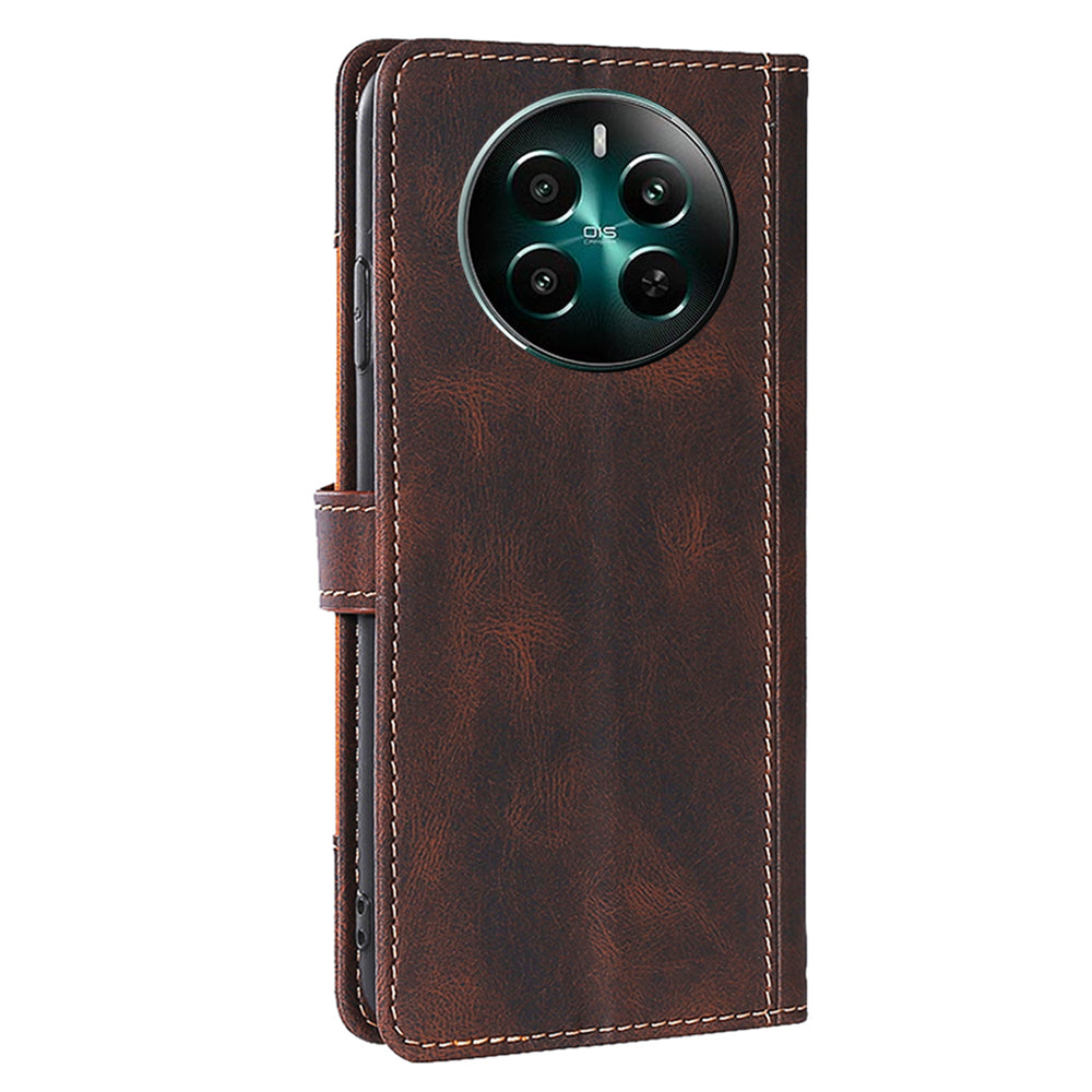 For Realme 12+ 5G Case Skin-touch Leather Phone Cover with Wallet Stand - Brown