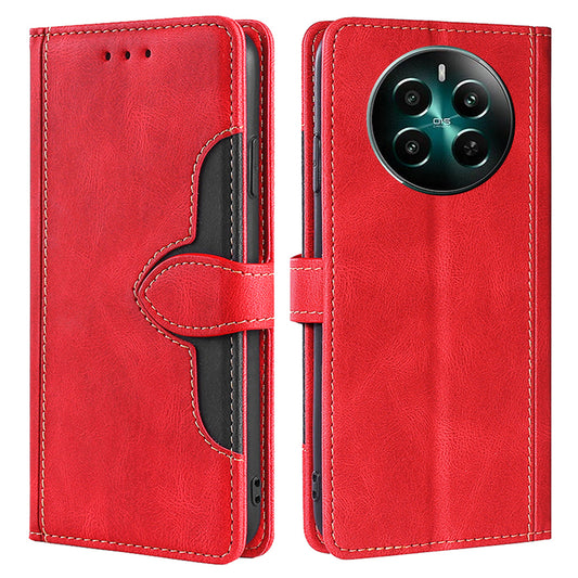 For Realme 12+ 5G Case Skin-touch Leather Phone Cover with Wallet Stand - Red