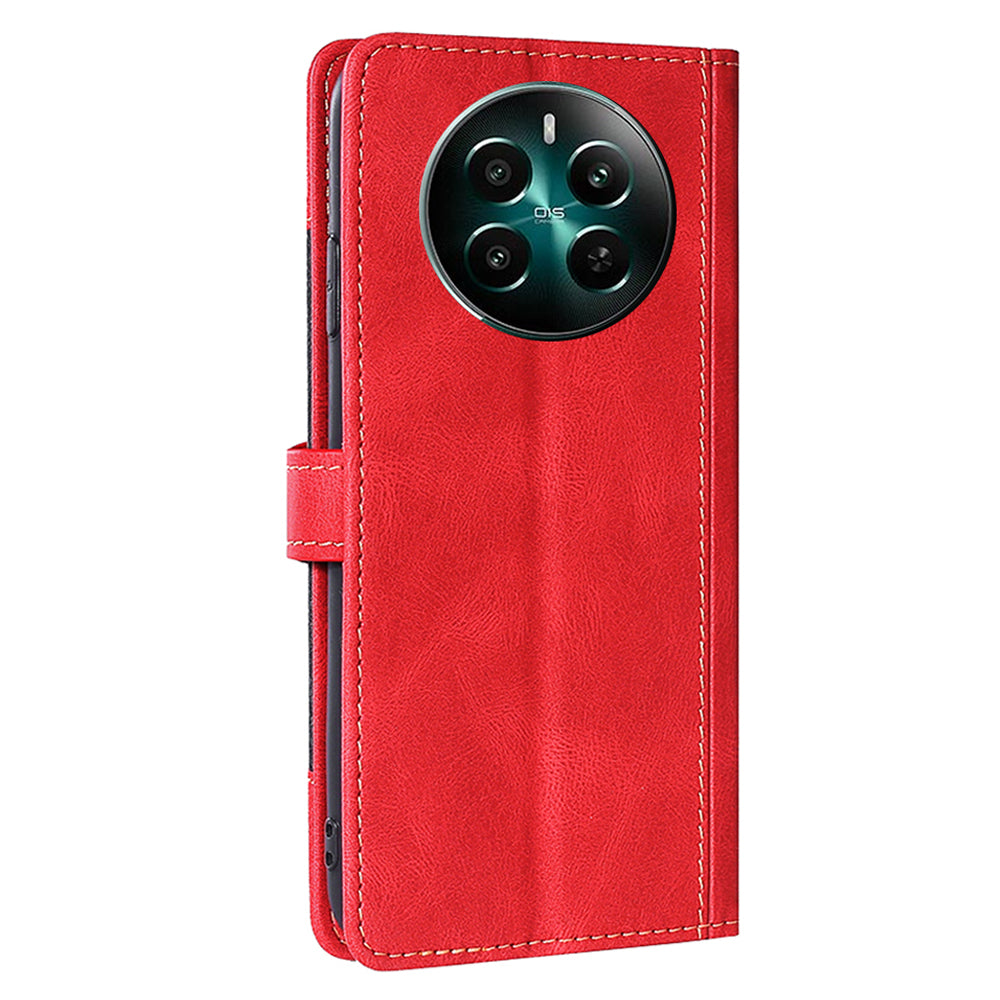 For Realme 12+ 5G Case Skin-touch Leather Phone Cover with Wallet Stand - Red