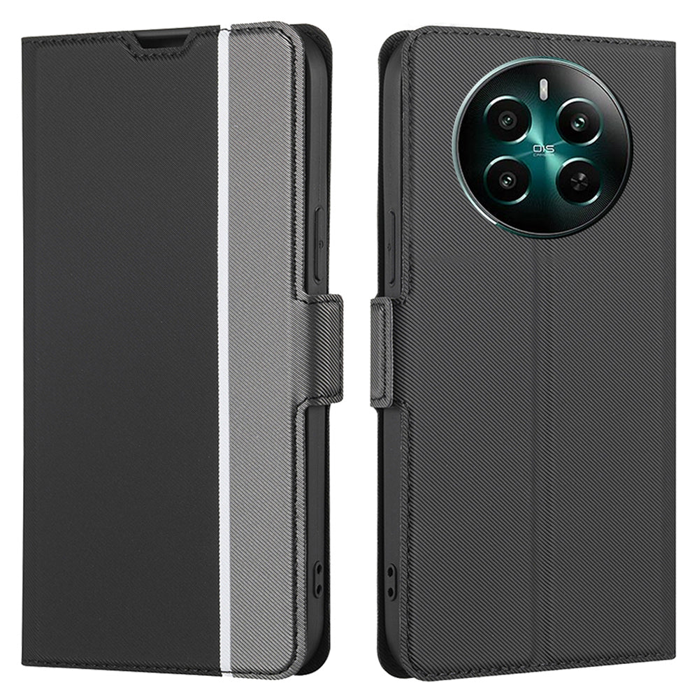 For Realme 12+ 5G Case Card Slots Leather Phone Cover Twill Texture - Black