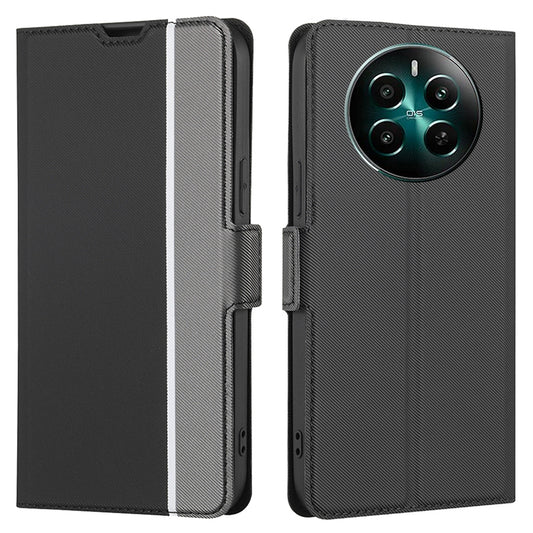 For Realme 12+ 5G Case Card Slots Leather Phone Cover Twill Texture - Black