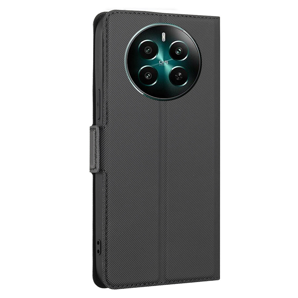 For Realme 12+ 5G Case Card Slots Leather Phone Cover Twill Texture - Black