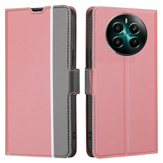 For Realme 12+ 5G Case Card Slots Leather Phone Cover Twill Texture - Pink