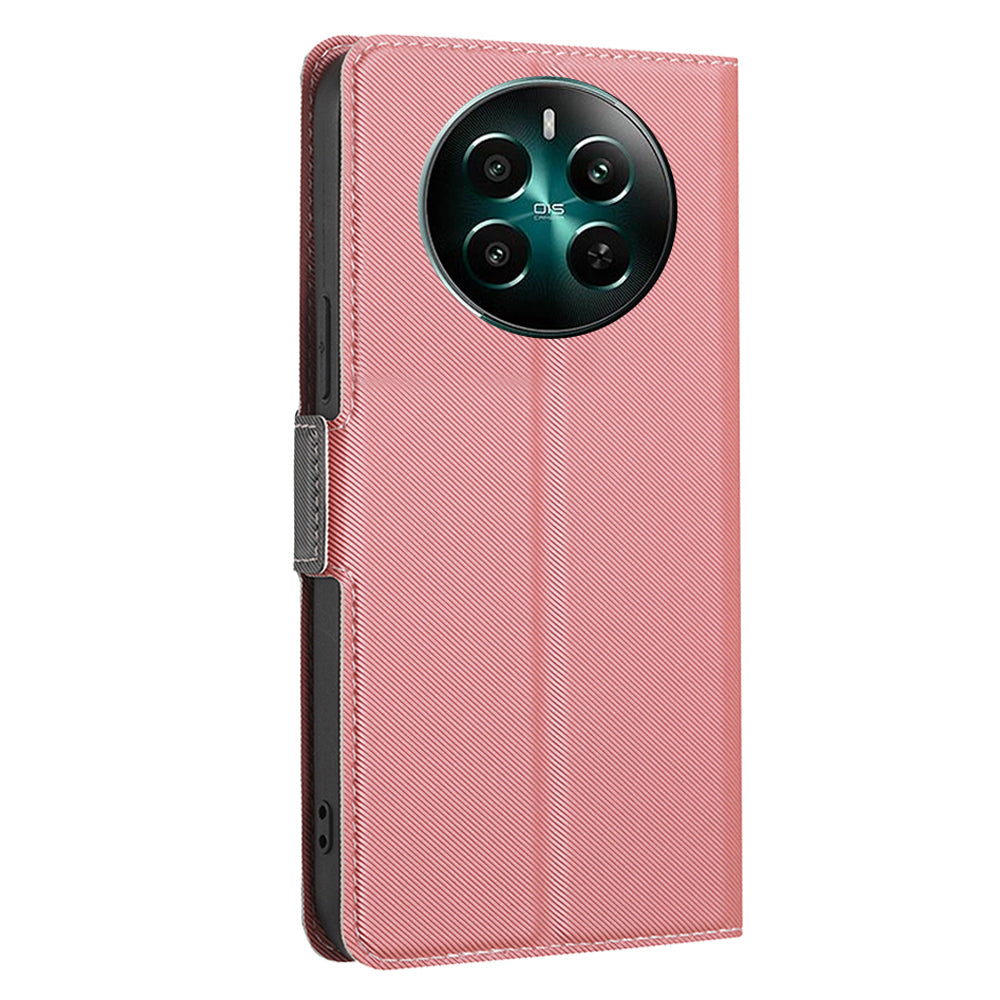 For Realme 12+ 5G Case Card Slots Leather Phone Cover Twill Texture - Pink