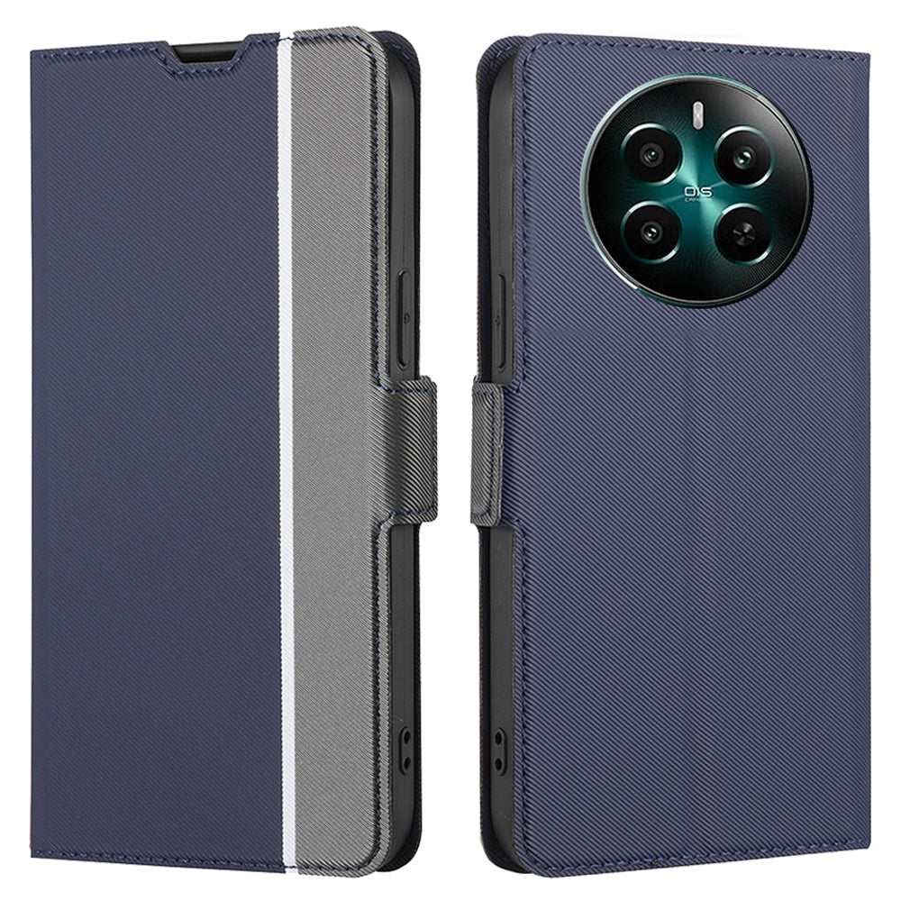 For Realme 12+ 5G Case Card Slots Leather Phone Cover Twill Texture - Blue