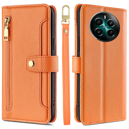 For Realme 12+ 5G Case Zipper Pocket Stand Phone Cover with Wrist Strap - Orange