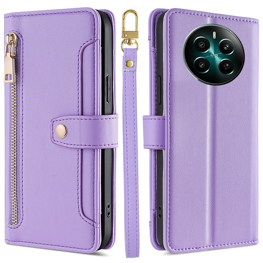 For Realme 12+ 5G Case Zipper Pocket Stand Phone Cover with Wrist Strap - Purple