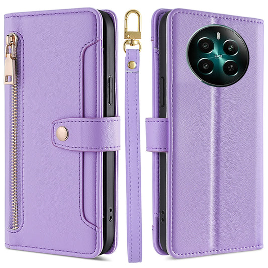For Realme 12+ 5G Case Zipper Pocket Stand Phone Cover with Wrist Strap - Purple