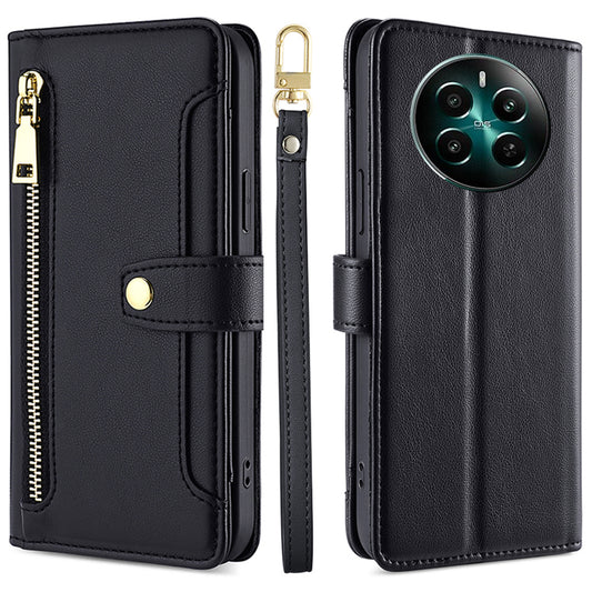 For Realme 12+ 5G Case Zipper Pocket Stand Phone Cover with Wrist Strap - Black