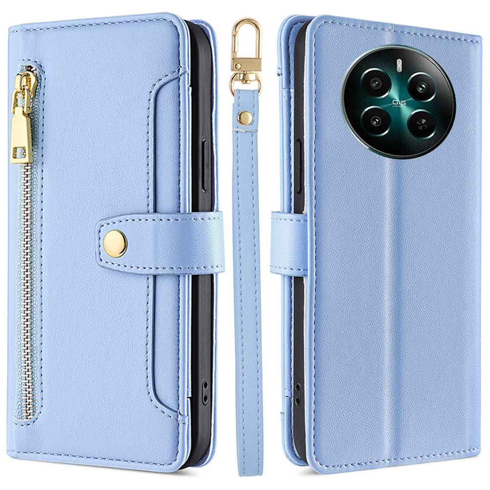 For Realme 12+ 5G Case Zipper Pocket Stand Phone Cover with Wrist Strap - Blue