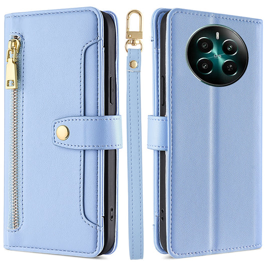 For Realme 12+ 5G Case Zipper Pocket Stand Phone Cover with Wrist Strap - Blue