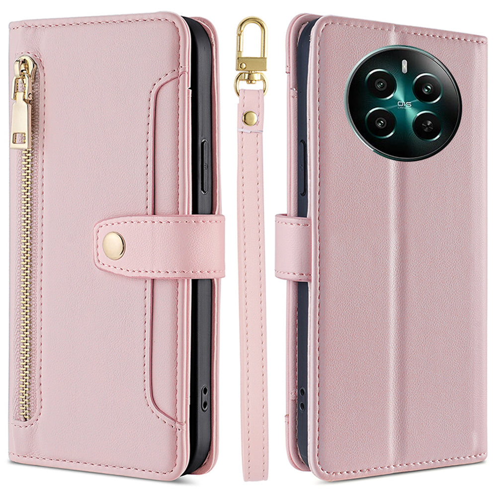 For Realme 12+ 5G Case Zipper Pocket Stand Phone Cover with Wrist Strap - Pink