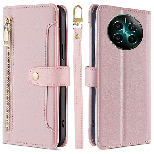 For Realme 12+ 5G Case Zipper Pocket Stand Phone Cover with Wrist Strap - Pink