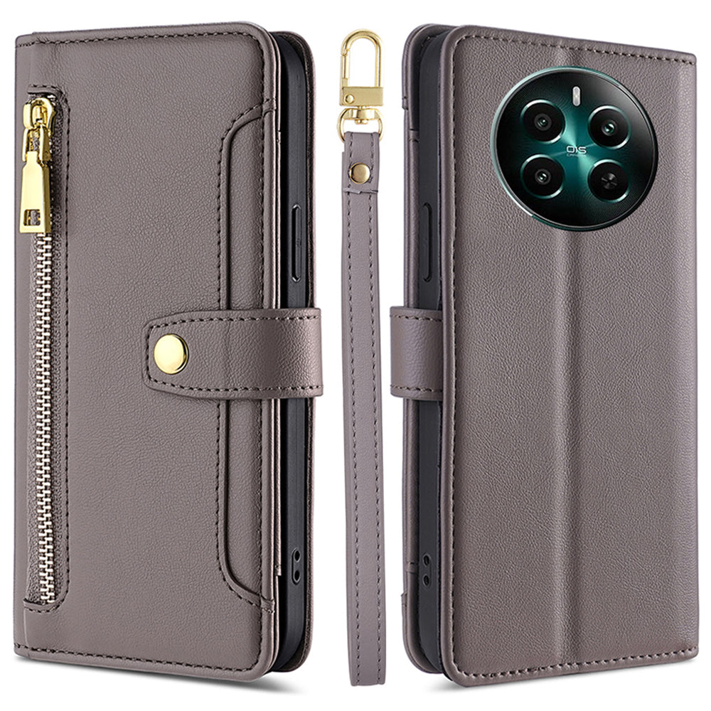 For Realme 12+ 5G Case Zipper Pocket Stand Phone Cover with Wrist Strap - Grey