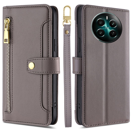 For Realme 12+ 5G Case Zipper Pocket Stand Phone Cover with Wrist Strap - Grey
