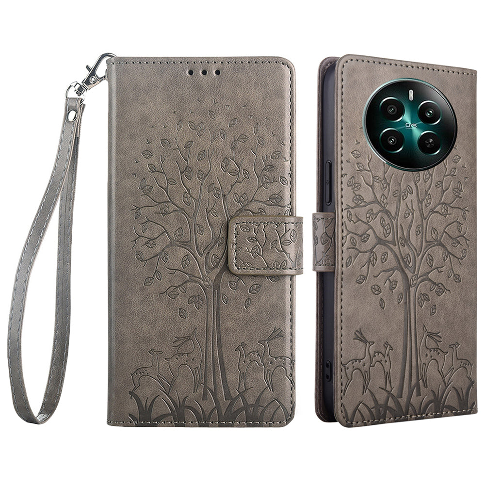 For Realme 12+ 5G Leather Case Tree Imprinted Stand Mobile Phone Cover - Grey