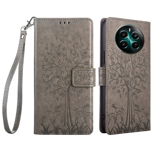For Realme 12+ 5G Leather Case Tree Imprinted Stand Mobile Phone Cover - Grey